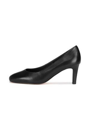 Black leather high heel shoe with a rounded toe and a sleek design, featuring a medium height heel and a smooth texture.