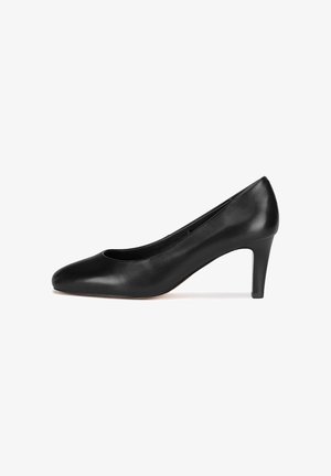 Black leather high heel shoe with a rounded toe and a sleek design, featuring a medium height heel and a smooth texture.