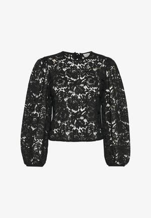 Črna čipkasta bluzka z dolgimi napihnjenimi rokavi, ki ima cvetlične vzorce, visok ovratnik in zapiranje na hrbtu v obliki ključavnice. Teksturna in lahka tkanina.
