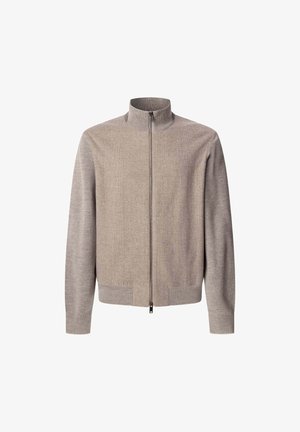Cardigan grigio con zip e un motivo a maglia testurizzato, colletto alto e polsini e orlo a coste. Presenta una zip frontale completa e dettagli di design sottili.
