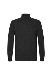 Dunkelgrauer Rollkragenpullover aus geripptem Strickstoff. Hat lange Ärmel und einen enganliegenden Kragen für Wärme.