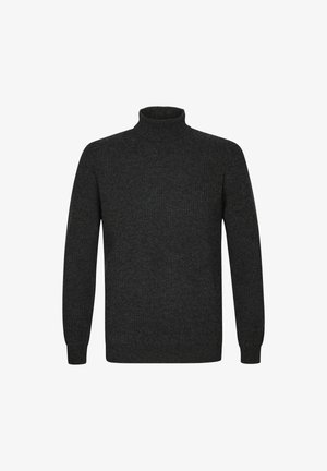 Donkergrijze coltrui van ribgebreide stof. Heeft lange mouwen en een aansluitende hals voor extra warmte.