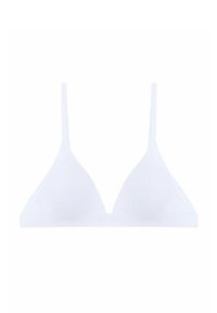 Bralet dintr-un triunghi alb, cu bretele subțiri ajustabile și o bandă simplă sub sâni, fără închizători sau embellishements.