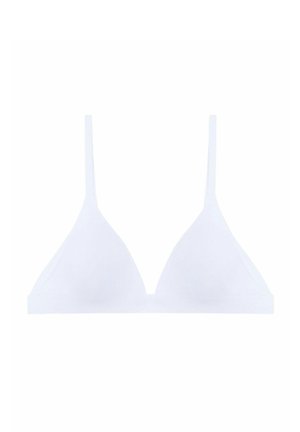 Hvid trekantet bralette med tynde justerbare skulderstropper og et enkelt bånd under brystet, uden lukninger eller udsmykninger.