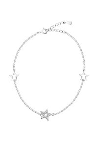 Bracciale in argento con tre ciondoli a forma di stella, due lisci e uno con scintillii. Chiusura regolabile per adattarsi a diverse misure.