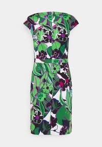Robe à imprimé floral avec des motifs verts, violets et noirs sur fond blanc. Manches courtes et silhouette ajustée pour un design structuré.