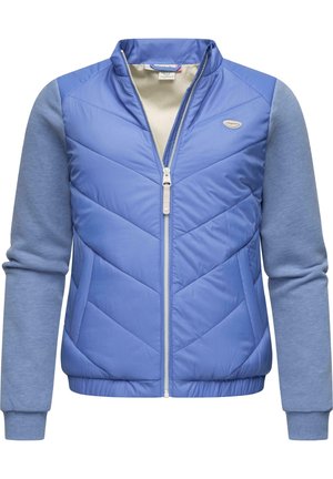 Hellblauer Reißverschluss-Pullover mit gesteppter Vorderseite und gestrickten Ärmeln, elastischem Saum und kleinem ovalem Logo auf der linken Brust.