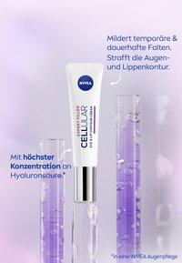 NIVEA Expert Filler Eye & Lip Contour Cream in a white tube with silver accent. Purple gradient background with clear, textured tubes displaying liquid.