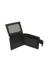 Black leather wallet with multiple card slots and a clear ID window; features a snap closure and smooth texture.