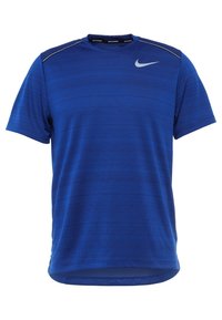 Blue athletic t-shirt made of breathable fabric, featuring short sleeves, a round neck, and a subtle horizontal stripe pattern. Nike logo on chest.