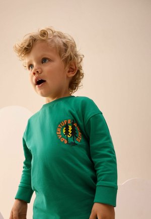 Groene lange mouwen shirt van een katoenmix met ribgebreide manchetten. Bevat een oranje en zwarte grafische afbeelding van bomen en de tekst "AVONTUUR WACHT".