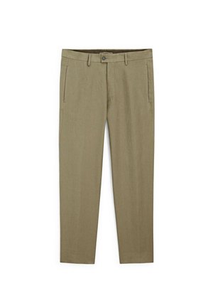 Light brown trousers made of textured fabric with a straight fit. Features side pockets, a button closure, and belt loops.