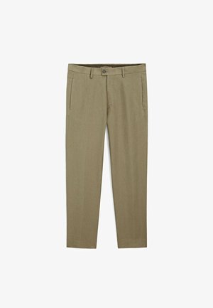 Hellbraune Hosen aus strukturiertem Stoff mit geradem Schnitt. Enthält Seitentaschen, einen Knopfverschluss und Gürtelschlaufen.