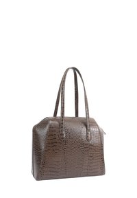 Sac à main en cuir synthétique imitation crocodile marron, avec une forme structurée, deux poignées et une fermeture zippée au sommet. Présente un motif texturé et un design élégant.