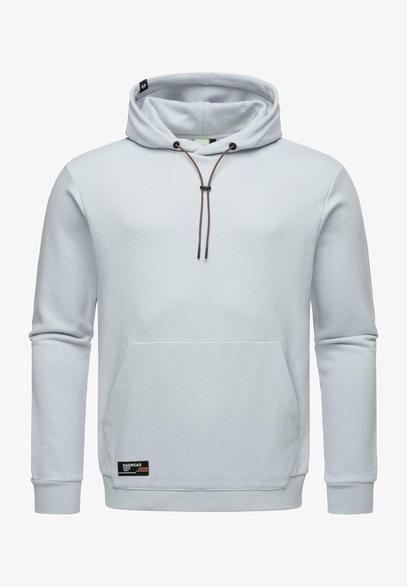 Világosszürke kapucnis sweatshirt zsinórral, kenguruzsebbe és bordázott mandzsettával. Az alsó oldalon található egy kis logócímke. Puha szövet textúra.