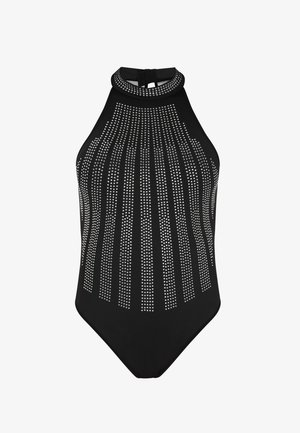 Sort halterneck badedragt med lodrette rækker af sølvnitter og en nøglehul bagside, lavet af strækbart badetøjsstof.