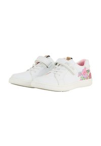 Weiße synthetische Sneakers mit einem floralen Design an der Seite, ausgestattet mit einem kontrastierenden pinken Innenfutter und einem Klettverschluss.
