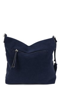 Borsa a spalla in tessuto blu navy con superficie texture, tasca frontale con zip e tracolla regolabile. Caratterizzata da un design minimalista e da una forma angolare.