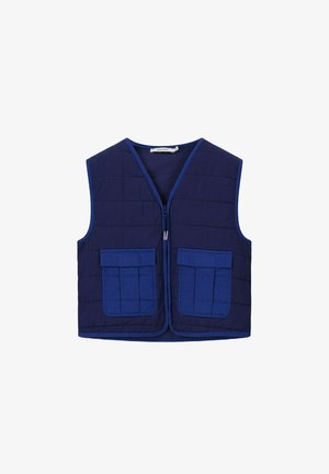 Garçon debout les mains dans les poches, portant un sweat-shirt violet et un short, un gilet matelassé bleu, des chaussettes blanches et des baskets vertes.