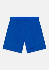 Modré kraťasy vyrobené z lehkého materiálu, s elastickým pasem a hladkým povrchem. Mají volný, rovný střih.