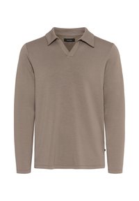 Camisa de manga larga en tono topo con cuello en V, diseño liso y tejido suave, presentada sobre fondo blanco.