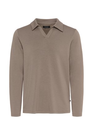 Long-sleeve taupe V-neck shirt with collar, plain design, and soft fabric, shown on white background.