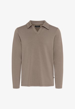 Majica z dolgimi rokavi v taupe barvi, z V-izrezom in ovratnikom, preprosta zasnova in mehak material, prikazana na beli podlagi.