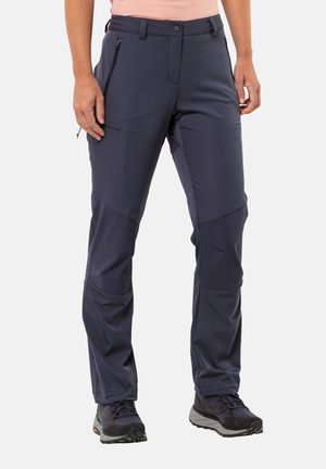 Pantalons extérieurs marine au design ajusté, fabriqués en matériau léger avec une finition texturée. Comprend des poches zippées sur les côtés et des accents en panneau au niveau des genoux.
