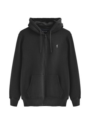 Felpa nera con zip realizzata in materiale fleece. Presenta una tasca frontale, cappuccio con lacci e un piccolo logo sul petto. Texture liscia.
