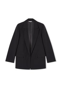 Blazer nero realizzato in tessuto liscio, con collo a scollo, due tasche frontali a patta e una silhouette dritta con maniche lunghe.