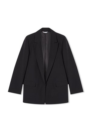 Czarna marynarka z gładkiego materiału, z klapami, dwiema przednimi kieszeniami z klapkami oraz prostym krojem i długimi rękawami.