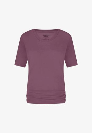 Kurzärmliges, tief mauvefarbenes Oberteil aus weichem Stoff mit rundem Halsausschnitt und gerafftem Detail am Saum für eine lockere Passform.