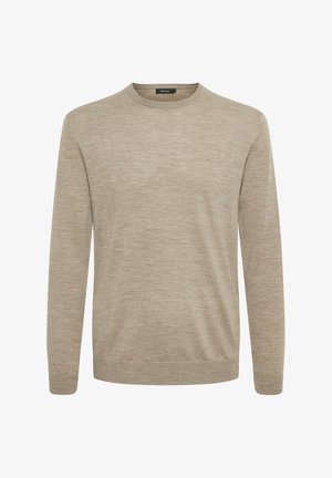 Béžový svetrový sveter s dlhými rukávmi vyrobený z mäkkej pleteniny. Obsahuje okrúhly výstrih a rebrované manžety a lem, ktoré zabezpečujú priliehavý strih.