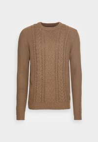 Pullover marrone a maglia con collo rotondo. Presenta motivi testurizzati e polsini e orlo a costine per una vestibilità aderente. Design a maglia classico.