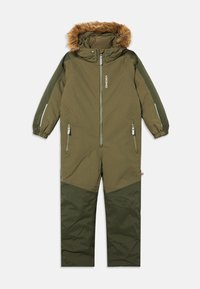 Olive zaļš izolēts snowsuit ar mākslīgā pūka odere, ar rāvējslēdzēju aizdari priekšā un kabatām, elastīgām aprocēm un kontrastējošiem zemākajiem paneļiem.