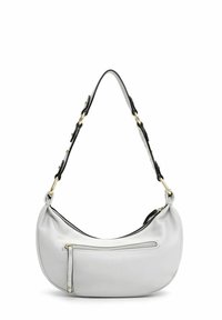 Borsa a spalla in pelle grigia a forma di mezzaluna, dotata di una tasca con zip dorata e di una tracolla nera regolabile con dettagli in oro.