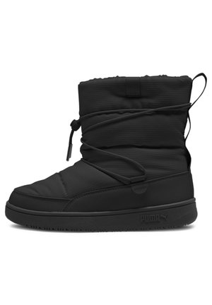Schwarze isolierte Stiefel mit einer gesteppten Textur, elastischem Kordelzugverschluss, gepolstertem oberen Teil und einer Gummisohle mit einem minimalistischen Logo.