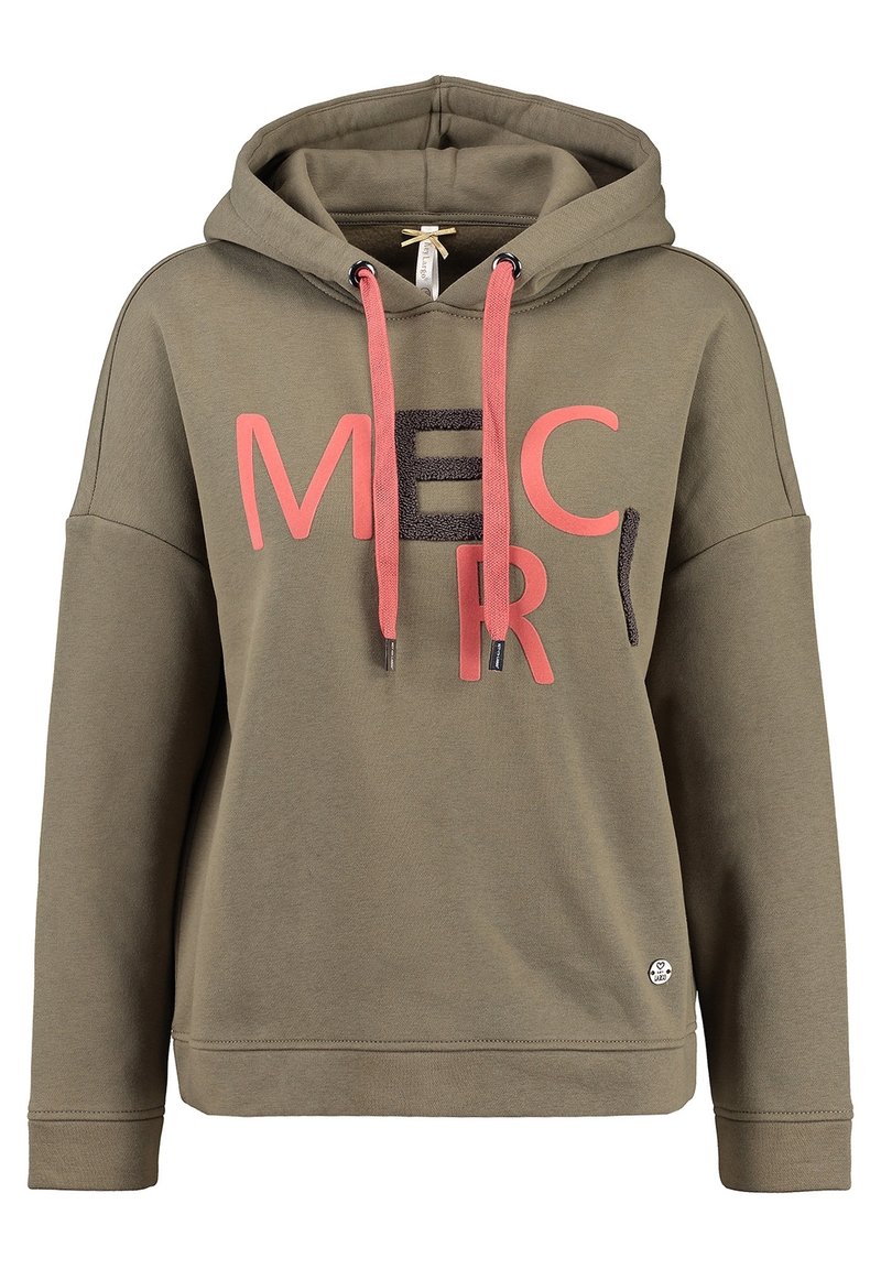 Olivengrøn hættetrøje med en afslappet pasform, der har fed pink og sort skrift "MERCI" på forsiden samt kontrasterende pink snore.