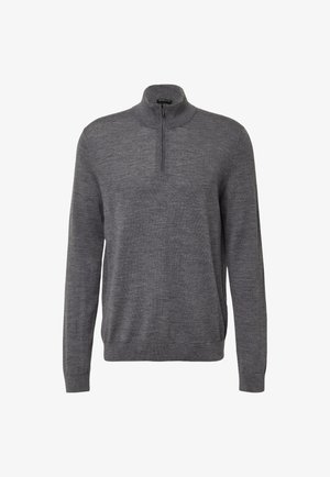 Pull en gris avec un col haut, fermeture éclair et manches longues. Fabriqué à partir d'un matériau doux et texturé avec une finition lisse.