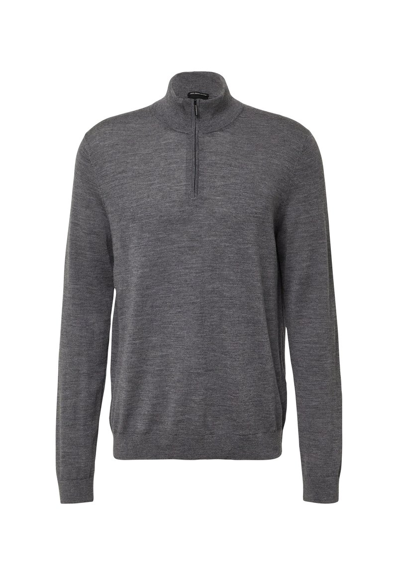 Grauer Pullover mit hohem Kragen, Reißverschluss und langen Ärmeln. Hergestellt aus einem weichen, strukturierten Material mit glatter Oberfläche.