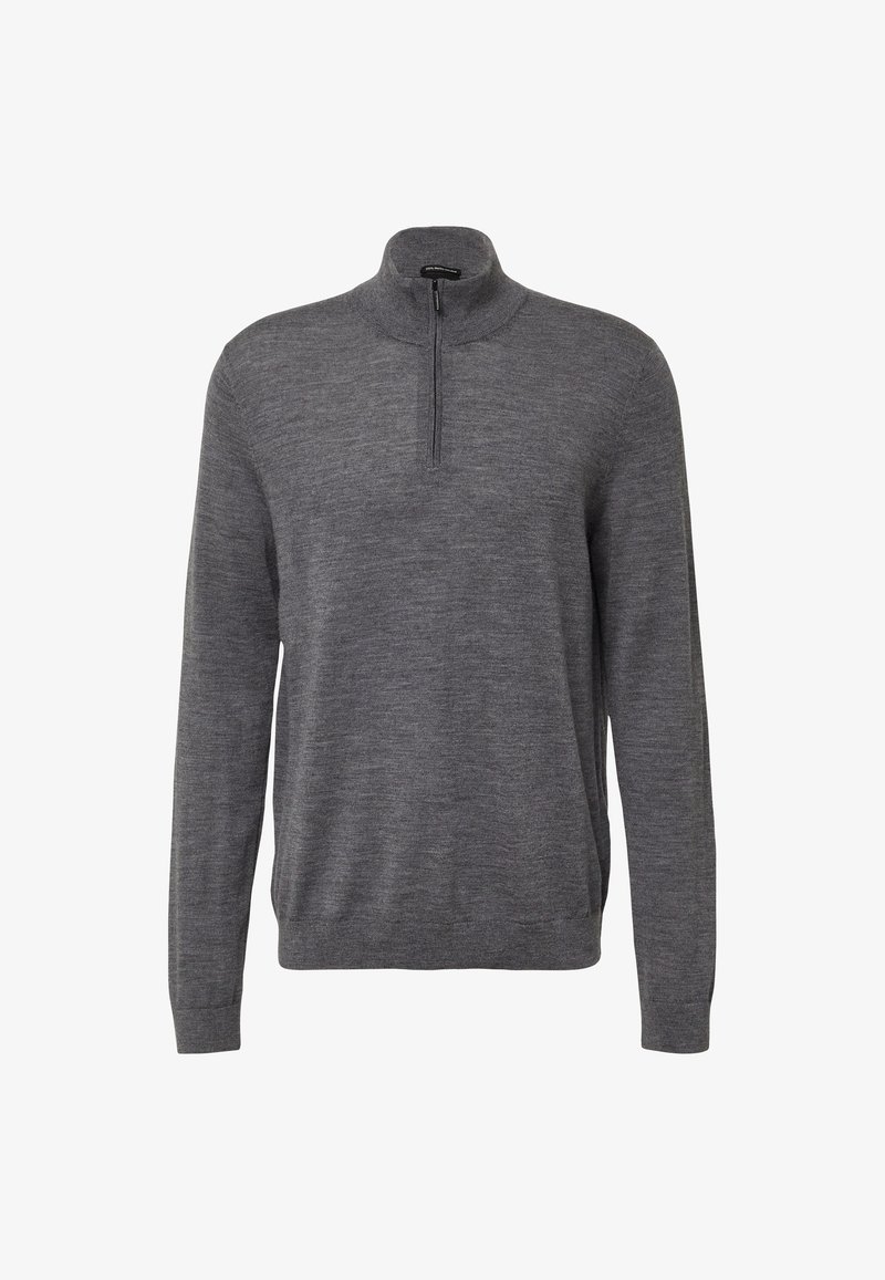 Grijze pullover trui met een hoge kraag, ritsluiting en lange mouwen. Gemaakt van een zachte, gestructureerde stof met een gladde afwerking.