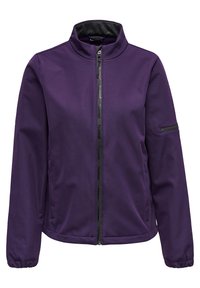 Giacca softshell viola con colletto alto, chiusura a zip full, tasche laterali e una zip nera in contrasto. Texture liscia, vestibilità rilassata.