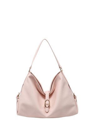 Borsa in pelle rosa morbida con una singola tracolla, parte superiore arricciata e una fibbia ovale dorata decorativa sul davanti.