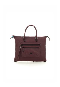 Borsa tote in pelle bordeaux con manici doppi, scomparti frontali e principali con zip, e dettagli in metallo nero. Finitura leggermente testurizzata.
