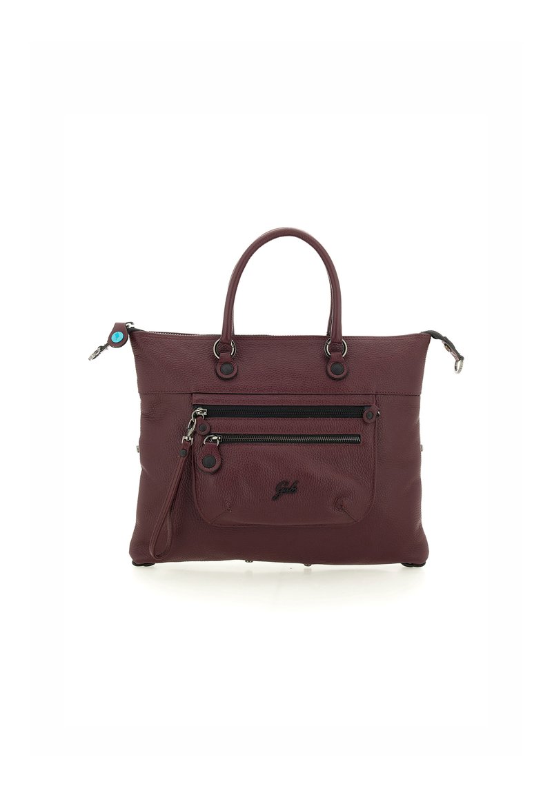 Borsa tote in pelle bordeaux con manici doppi, scomparti frontali e principali con zip, e dettagli in metallo nero. Finitura leggermente testurizzata.