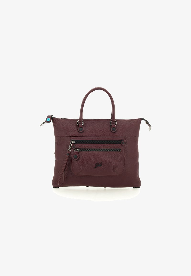 Borsa tote in pelle bordeaux con manici doppi, scomparti frontali e principali con zip, e dettagli in metallo nero. Finitura leggermente testurizzata.