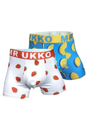 Two pairs of men's boxer briefs, one white with strawberries and red waistband, the other blue with yellow lemons and yellow waistband.