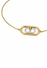 Kuldne käevõru, millel on ovaalne lukustus, kaunistatud selgete rhinestone'idega, luues poleeritud viimistlusega kahekordse tähekujunduse.