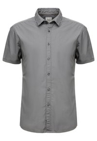 Grijs shirt met korte mouwen van lichtgewicht stof, met een knoopsluiting aan de voorkant, een kraag en een gladde textuur zonder patronen.