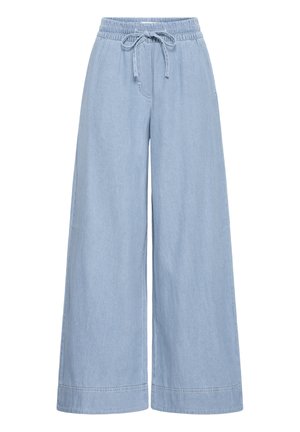 Pantalon bleu clair à jambes larges en tissu doux, doté d'une taille élastique avec cordon de serrage et de détails de ourlets cousus.
